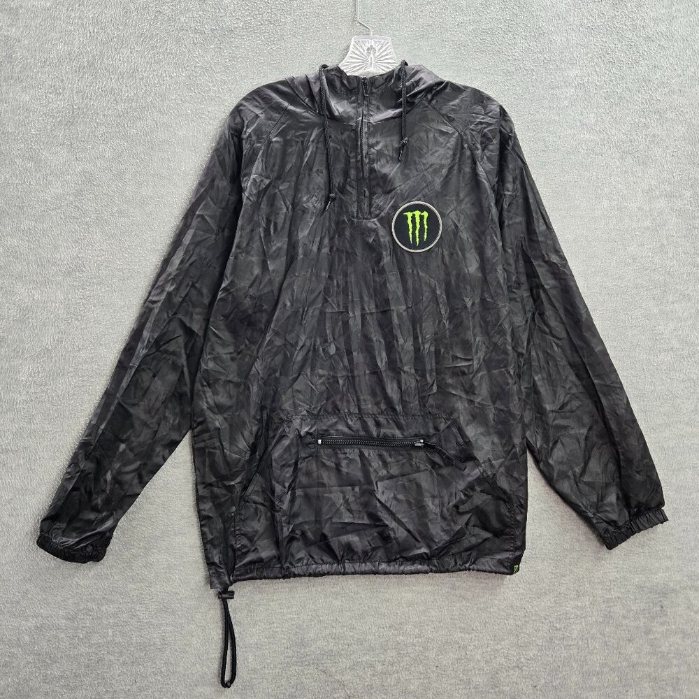 Monster Energy Men Jacket S Black Camo Windbreaker Rain‎ Jacket Hooded Logo READ